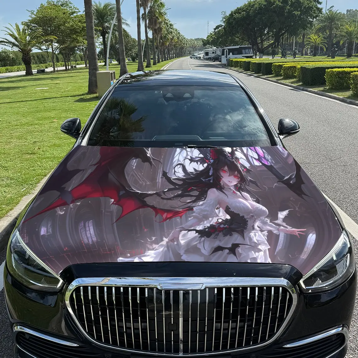 Vampire Bride under Mysterious Bat Shadows Car Vinyl Wrap, PVC Waterproof Car Hood Sticker, Self-Adhesive Scratch-Resistant Stic
