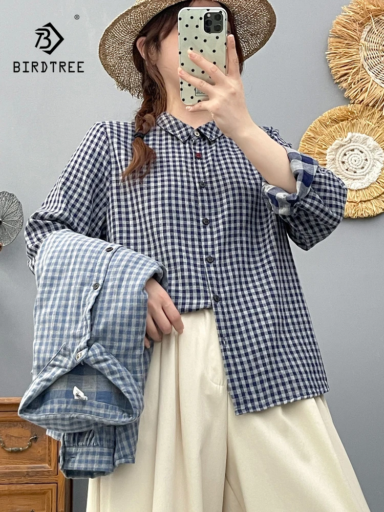 

New 2025 Autumn Cotton Yarn Long Sleeve Shirt, Women Turn-down Collar Plaid, Mori Girl Fashion Comfortable Loose Blouse T58756CC