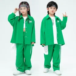 Children Kpop Hip Hop Clothing Kids Green Oversized Shirt Top Loose Casual Streetwear Baggy Pants Girl Boy Jazz Dance Costume