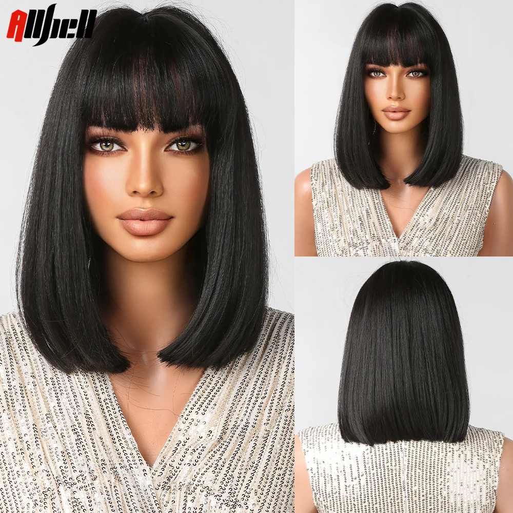 

Black Straight Synthetic Wigs with Bangs Short Bob Daily Wedding Wigs Shoulder Long for Women Afro Cosplay Hair Heat Resistant