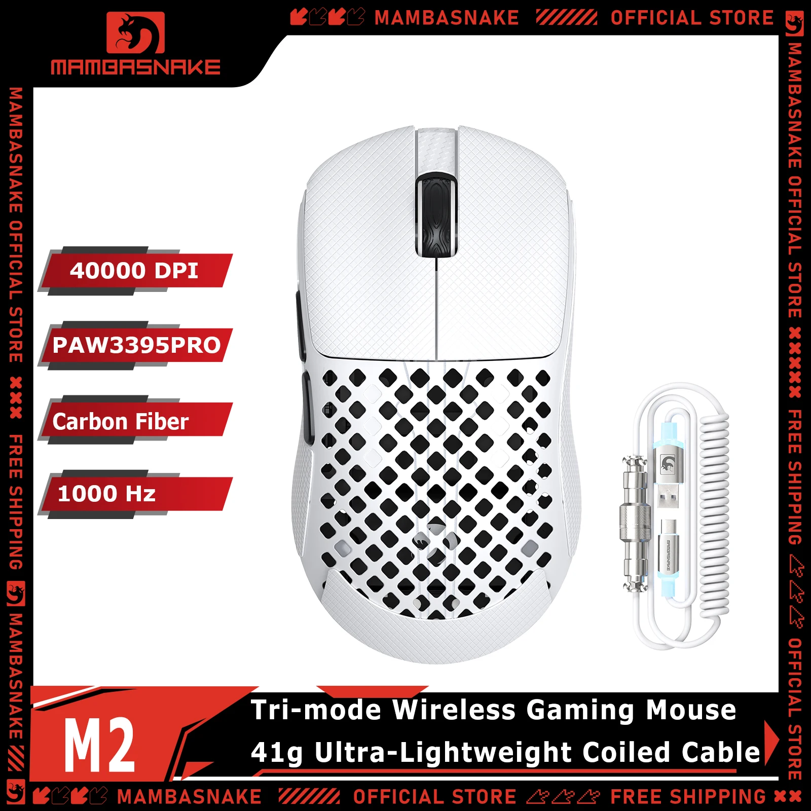 MAMBASNAKE M2 Tri-Mode Wireless Gaming Mouse With 8KHz Coiled Cable 41g Ultra-Lightweight Carbon Fiber PAW3395PRO 40000 DPI
