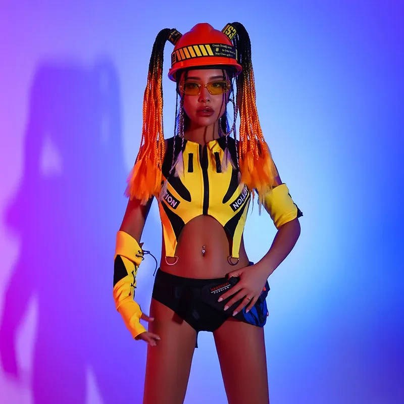 Pakaian klub malam Gogo Queen Tank atas tarik satu Lengan tiang kostum Rave dansa untuk wanita mobil pembalap Cosplay baju kuning pendek