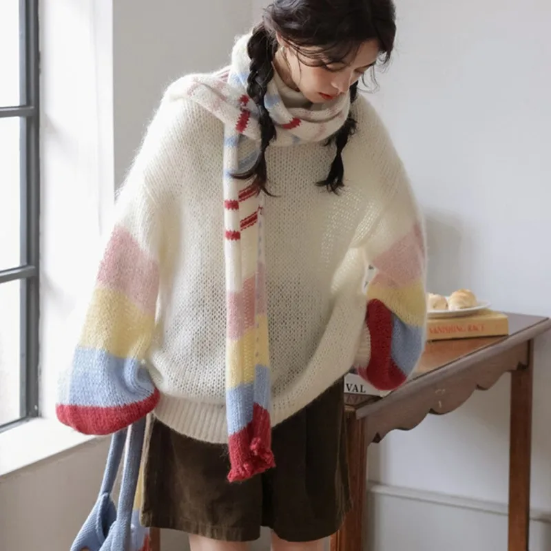 

Johnature French Crew Neck Color-block Rainbow Striped Christmas Pullover Sweater For Women Casual Loose Fit (sweater Only)