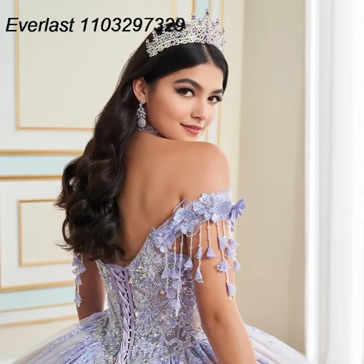 Evlast personalizado lavanda quinceanera vestido de baile renda applique miçangas cabo mexicano doce 16 vestidos de 15 anos tqd841