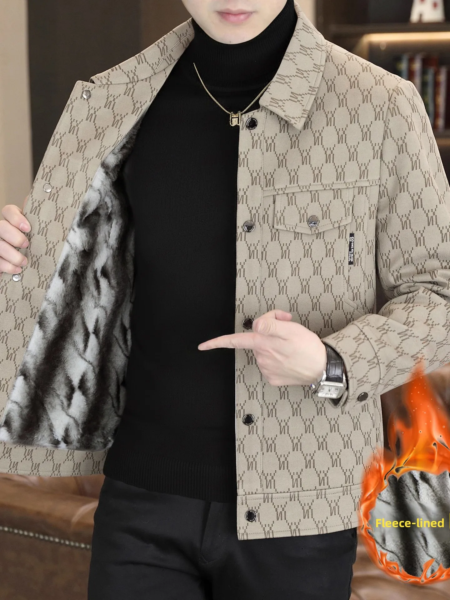 

Men's Fce Lined Jaet Autumn Winter Faion Plaid Embroidery Turn-down Collar Woolen Coat Casual Sle Long Sve Coat