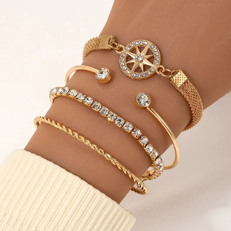 New 4-piece Set Multi Layer Vintage Diamond Fried Dough Twists Bracelet Simple Women's Bracelet Bracelet Set