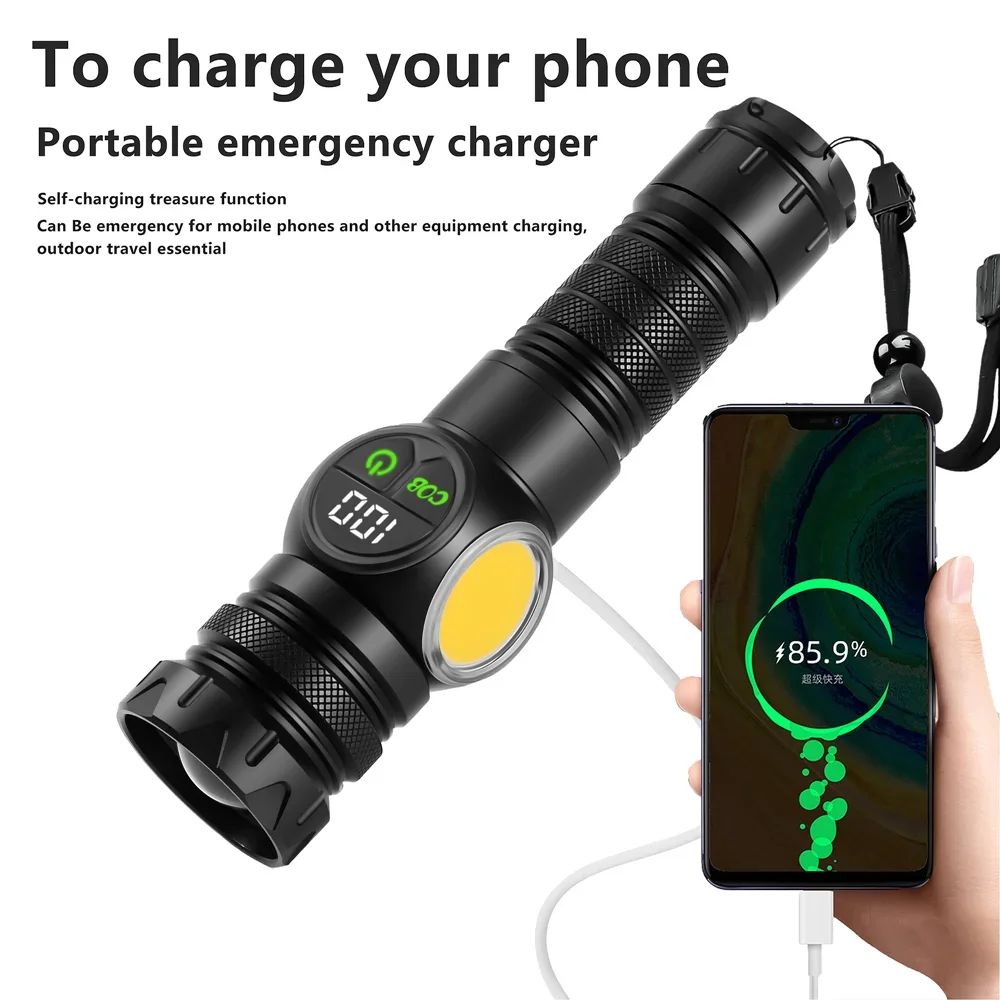 E2 USB Rechargeable LED Powerful Flashlight edc Torch Screen Digital Display Tail Magnet COB Side Light Long Distance Flashlight