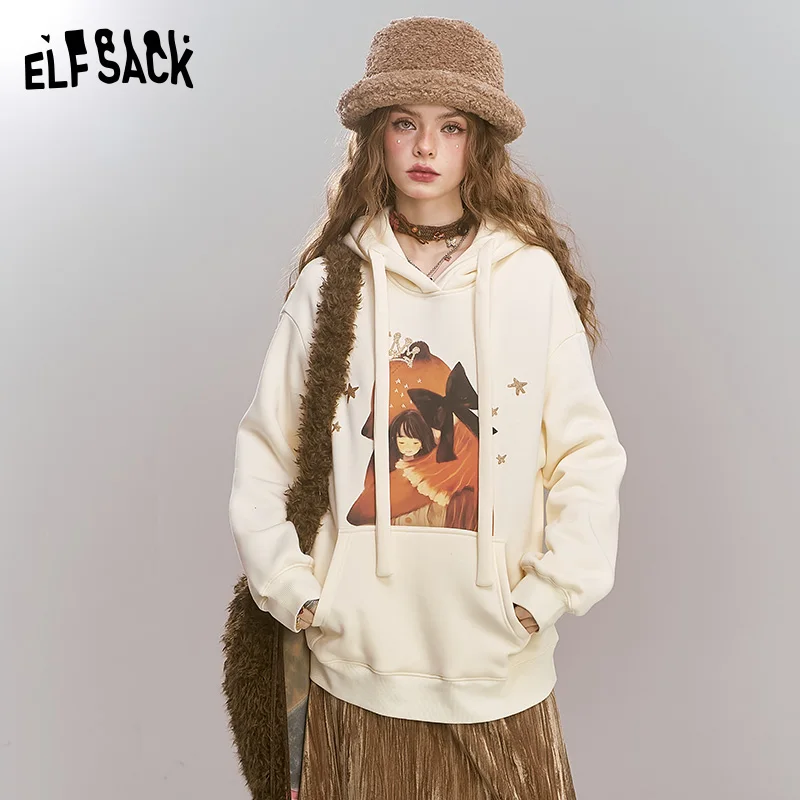 ELFSACK 2024 Winter New Arrivals Maillard Cartoon Printed Velvet Hoodie for Women, Loose Casual Top