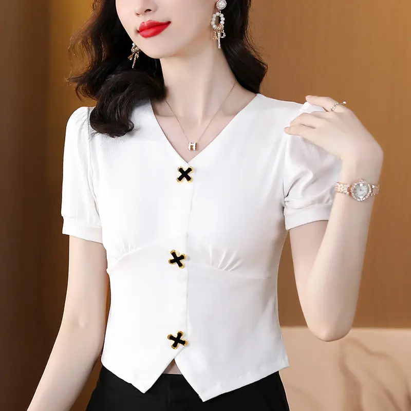 Elegant Women All-match Irregular T-shirt Summer Tees French Fashion Office Lady Solid Chic Cross Button Short Sleeve Slim Tops