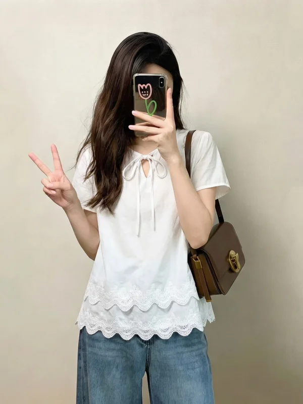 

Flounce Hem Shoulder Shirt Women's Short Sleeve Cover Belly Doll Shirt Korean Style Loose Fit round Neck Casual Top