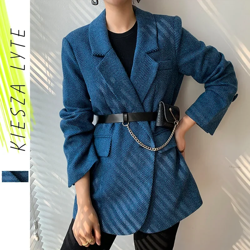 New Woolen Coat Women Elegant Thick Blue Suit Blazer Jacket 2024 Autumn Winter Office Lady Outwear Female Fashion