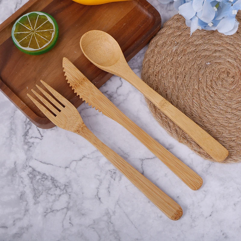 1 Set Bamboo Travel Cutlery Set Fork Knife Spoon Reusable Kitchen Tools Eco-Friendly Wood Bamboo Wooden Cutlery