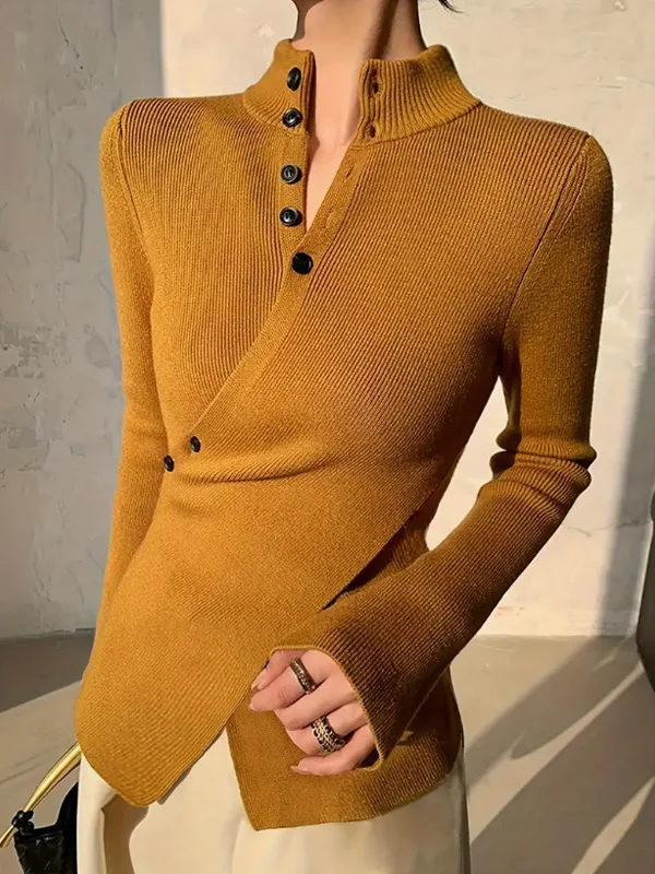 

Women's Sexy Knitted Sweater Solid Color High Neck Long Sleeved Asymmetrical Cross Buckle Autumn Elegant Long Sleeved Cardigan