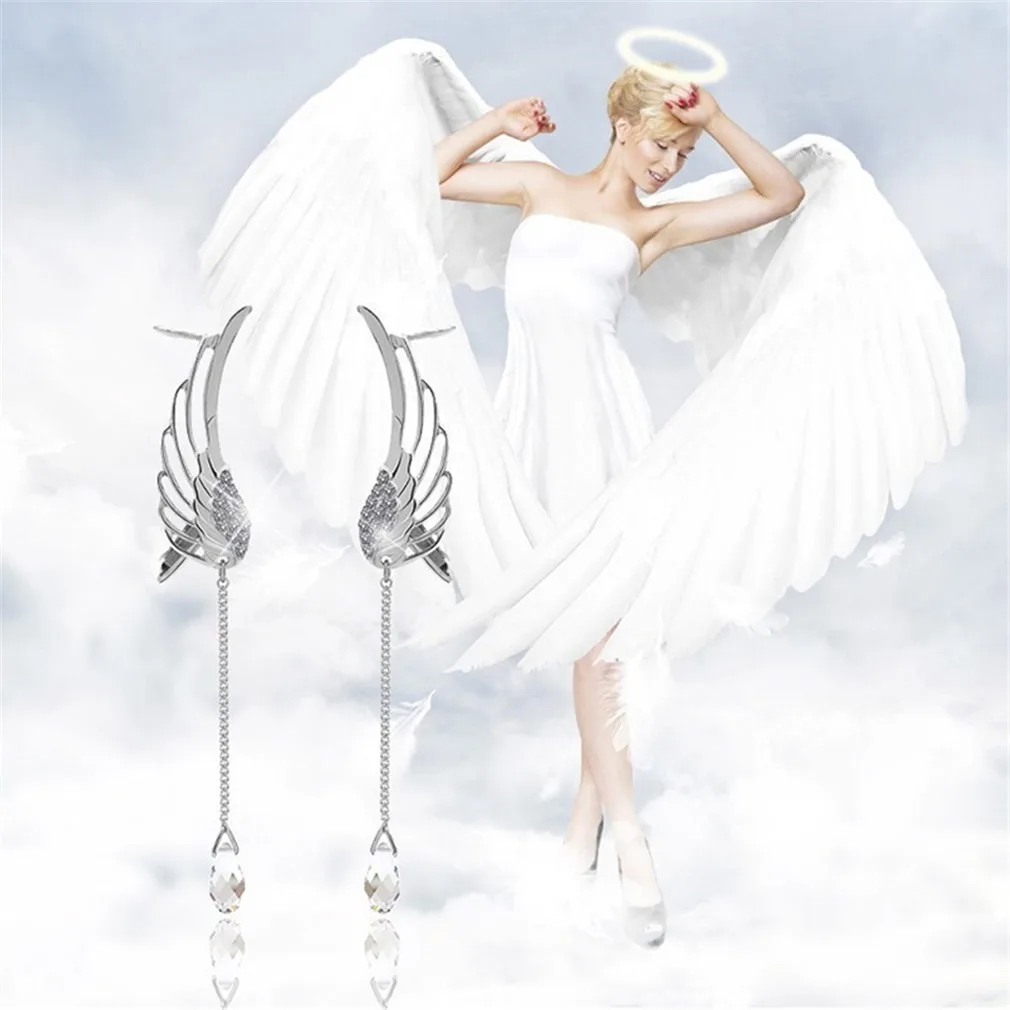 European and American Fashion Angel Wings Crystal Earrings for Women Drop Dangle Ear Stud Long Cuff Clip Tassel Ear Jewelry Gift