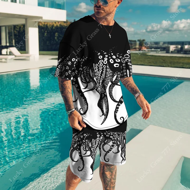 New Sportswear Octopus Trend Men Sets 3D Printed Clothing Casual Shorts+tshirts Set Sweat Suits Summer Tracksuit Men Sets