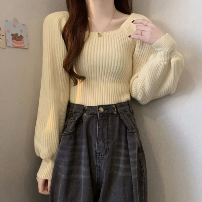 5 Colors Pullovers Women Lantern Sleeve Cozy Slim Gentle French Style Solid Leisure Cropped Autumn Temperament Design Sweaters