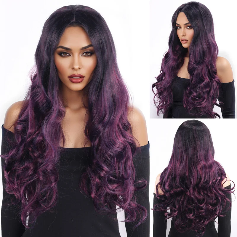 Women's curly with big waves, middle-parted bangs, straight , elegant long hair, mixed purple slightly wavy wig
