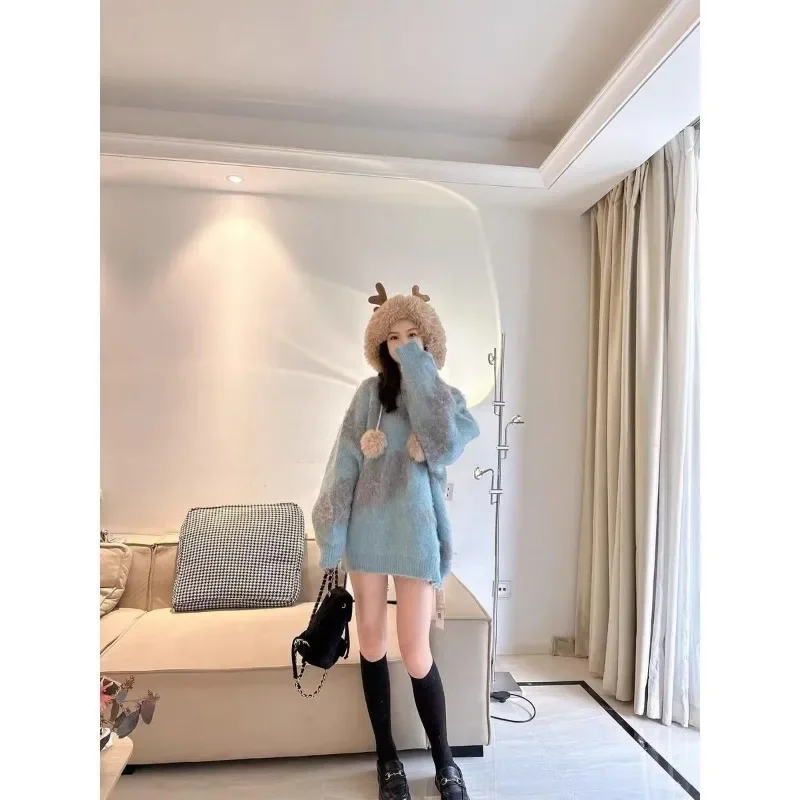 Couples Knitted Sweater Men Gradient Blue Temperament Niche Tops Round Neck Long Sleeves Loose Autumn Winter Sweaters Pullover