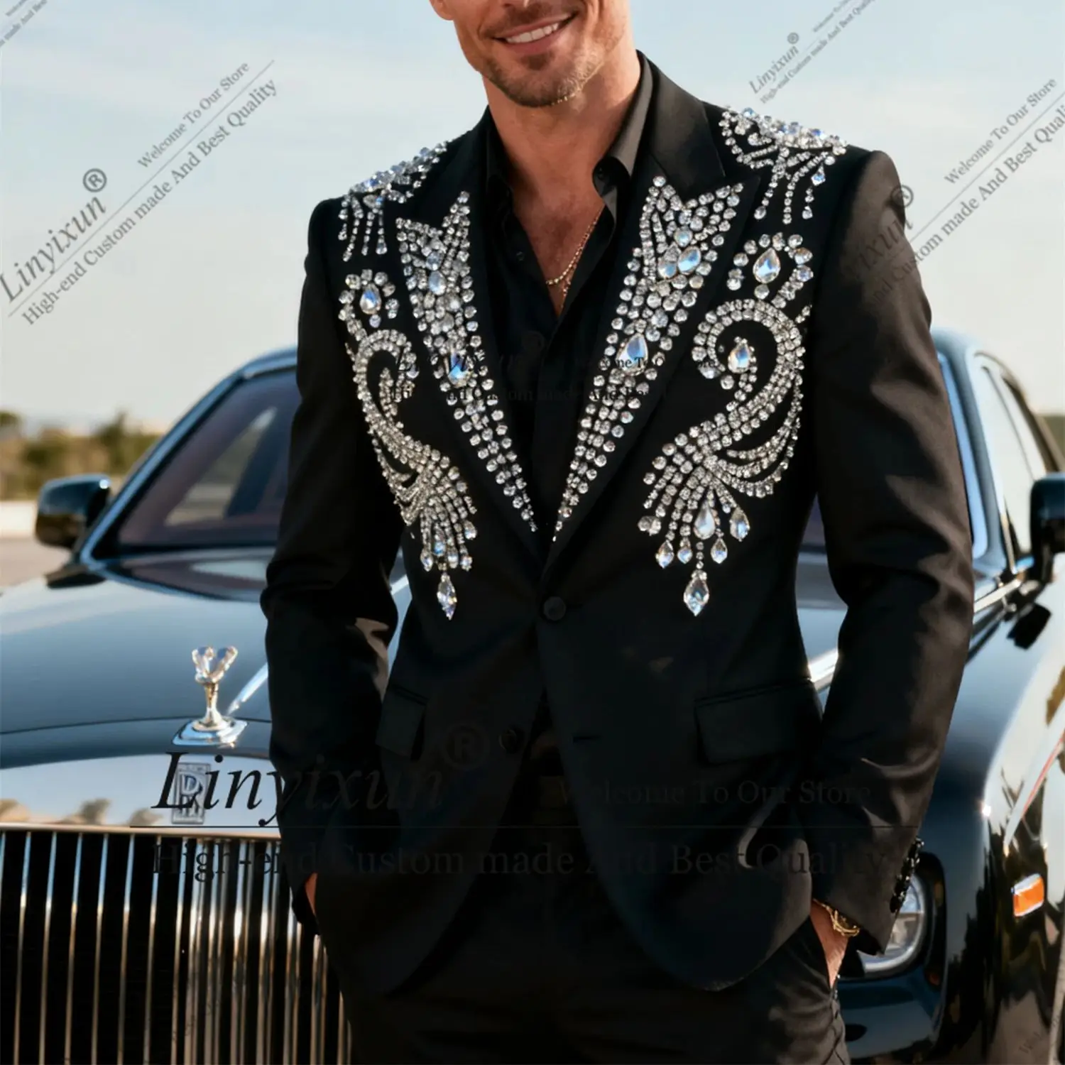 

Luxury Rhinestones Men Suits Slim Fit Formal Crystals Wedding Tuxedos Customized 2 Pieces Sets Groom Male Blazers Ropa hombre