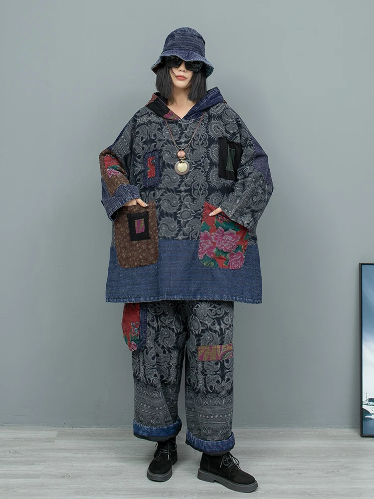 Printed Linen Patchwork Old Cloth Hooded Cotton Jacket + Cotton Pants Two-piece Set Women Outfit 2024 Winter Pant Set ZF332