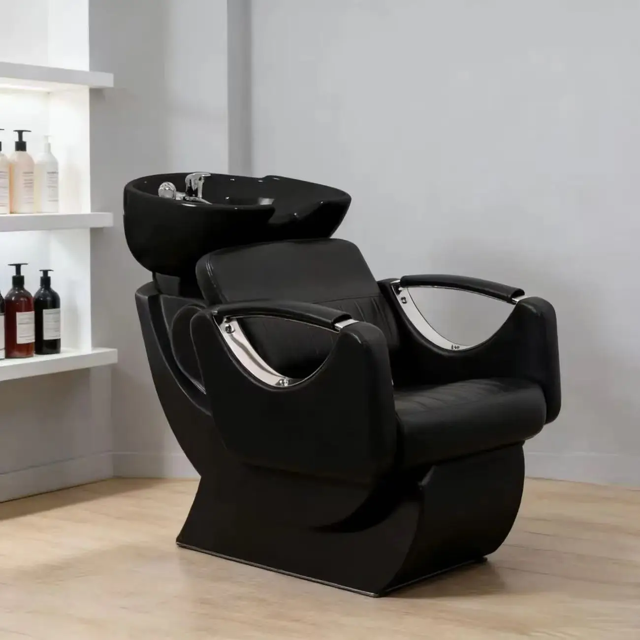 

!@！@Modern Salon Ceramic Shampoo Chair and Bowl Station with Leather Upholstery Adjustable Footrest High Quality Spa Equipment