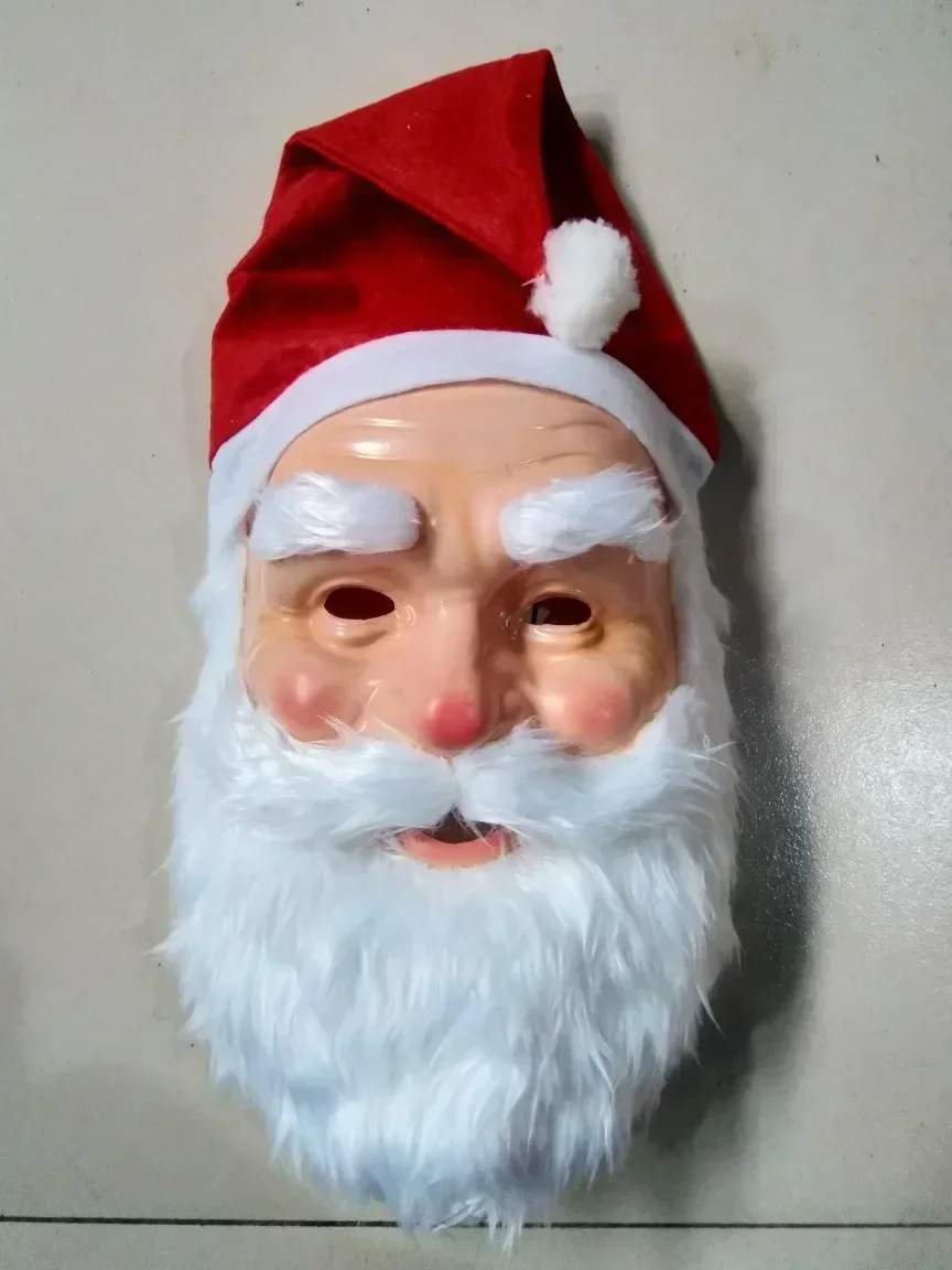 Christmas Santa Claus Plastic Mask with Red Santa Hat Adult Santa Claus Costume Props Cosplay Dress Up Xmas Party Carnaval Mask