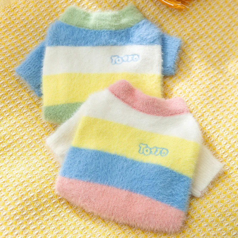 Autumn and Winter Dog Teddy Warm Thick Rainbow Striped Cardigan Sweater Cat Letter Pet Dog Clothes for Small Dogs Puppy Clothes