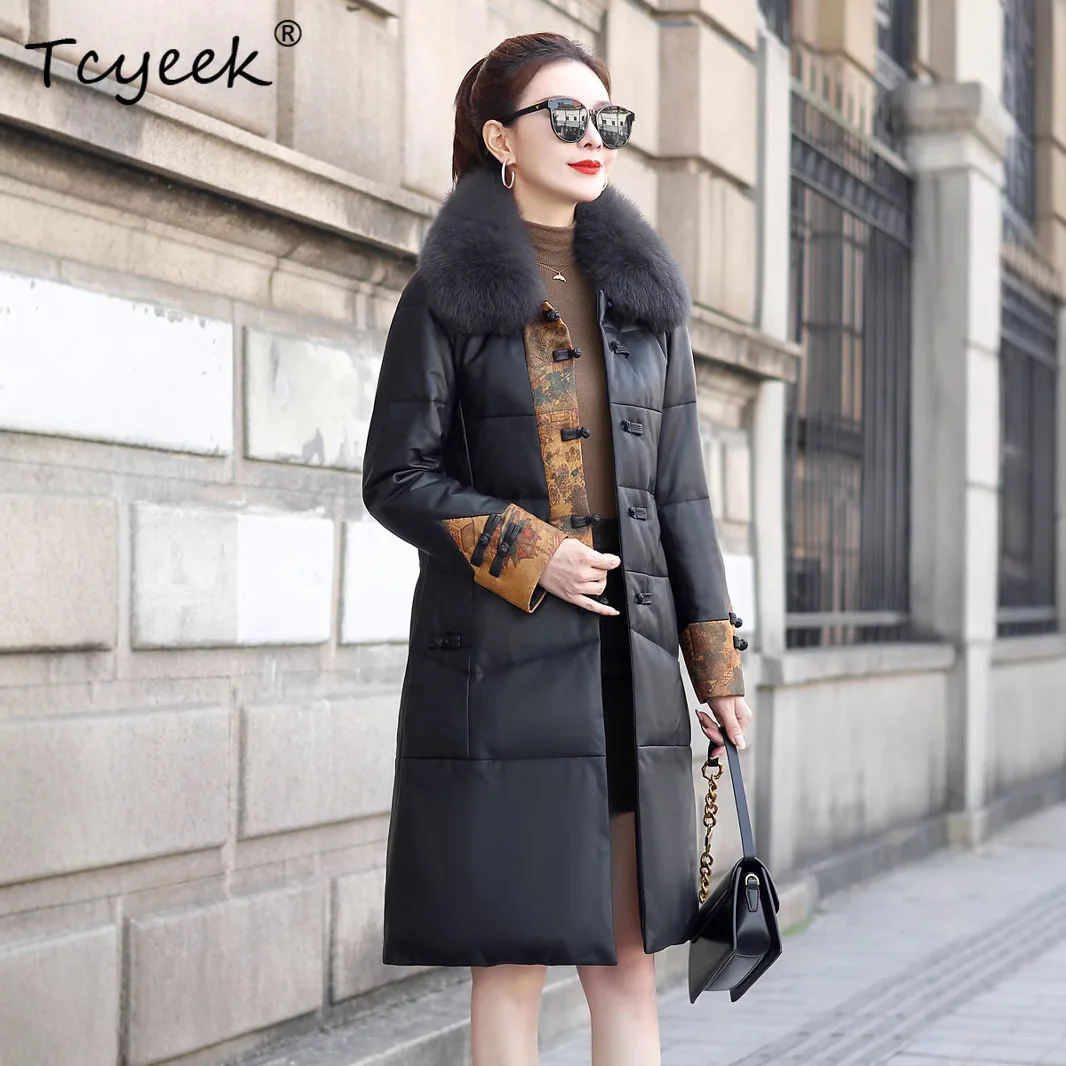 Tcyeek Real Sheepskin White Goose Down Autumn Winter High End Square Collar Black Women's Genuine Leather Jacket Jaqueta Couro
