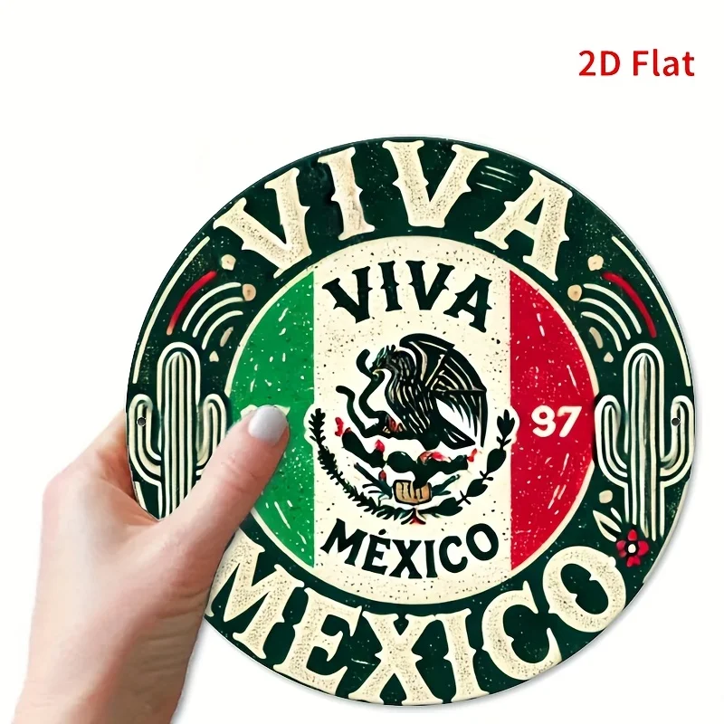 1pc Vintage 'Mexico' Round Metal Sign - 7.8x7.8 Inches, Durable Aluminum Wall Art with Cactus & Floral Design, Perfect for Garag