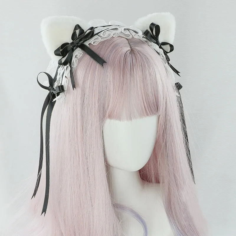 

Halloween Gothic Cosplay Hair Hoop Lolita Kawaii Plush Cat Ears Maid Women Girl's Ruffles Lace Headband Hair Accessories