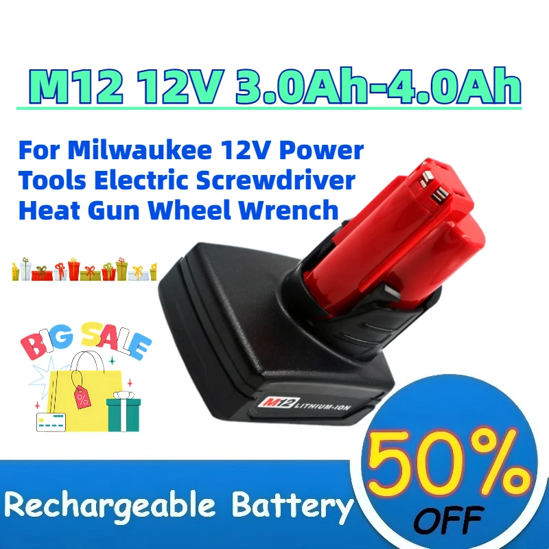 

High-Quality M12 12V 3.0Ah-4.0Ah Rechargeable Battery for Milwaukee 12V Power Tools Electric Screwdriver Heat Gun Wheel Wrench
