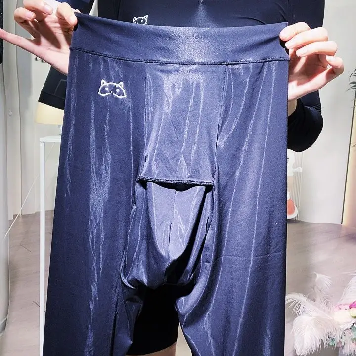 Summer Sexy Mens Transparent Ice Silk Ultra-thin Leggings Tight Top Pants Underwears