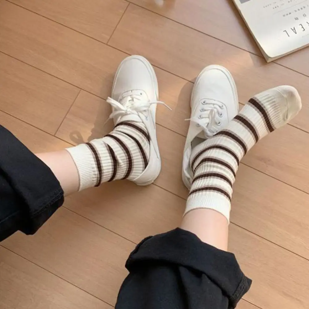 الرجعية القطن جوارب مخططة طبقة مزدوجة محبوك سلس الجوارب النمط الياباني سميكة مترهل الجوارب للنساء الفتيات