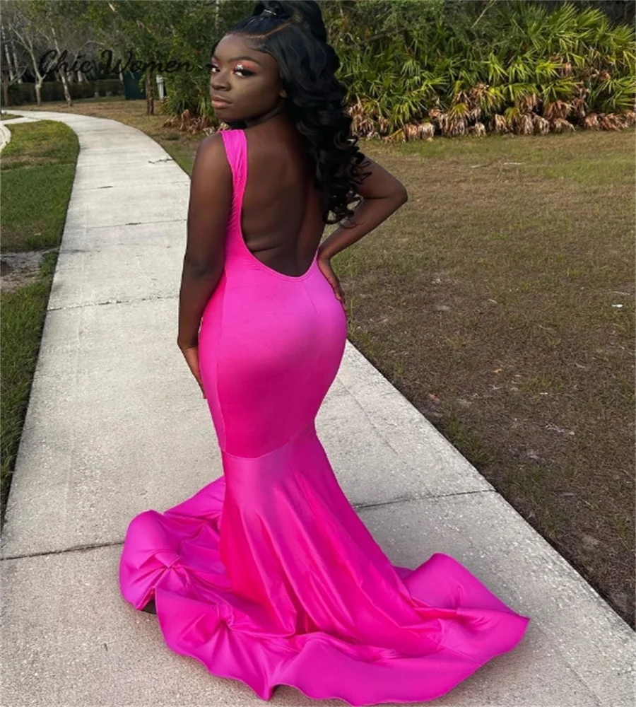 Nigerian Hot Pink Prom Dress Sexy Tight Mermaid Evening Gowns Floor Length O Neck Formal 20th Birthday Dance Dress Customized