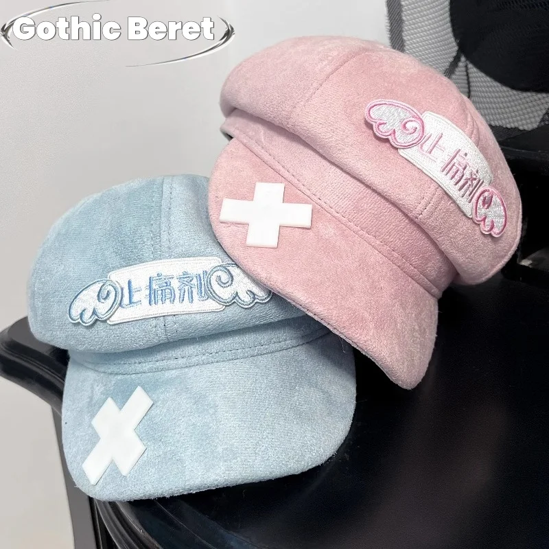 

Japanese Women Harajuku Gothic Lolita Beret Hat Subculture Medical Cap Y2K Water Colored Beret Personality Otaku Series Hat
