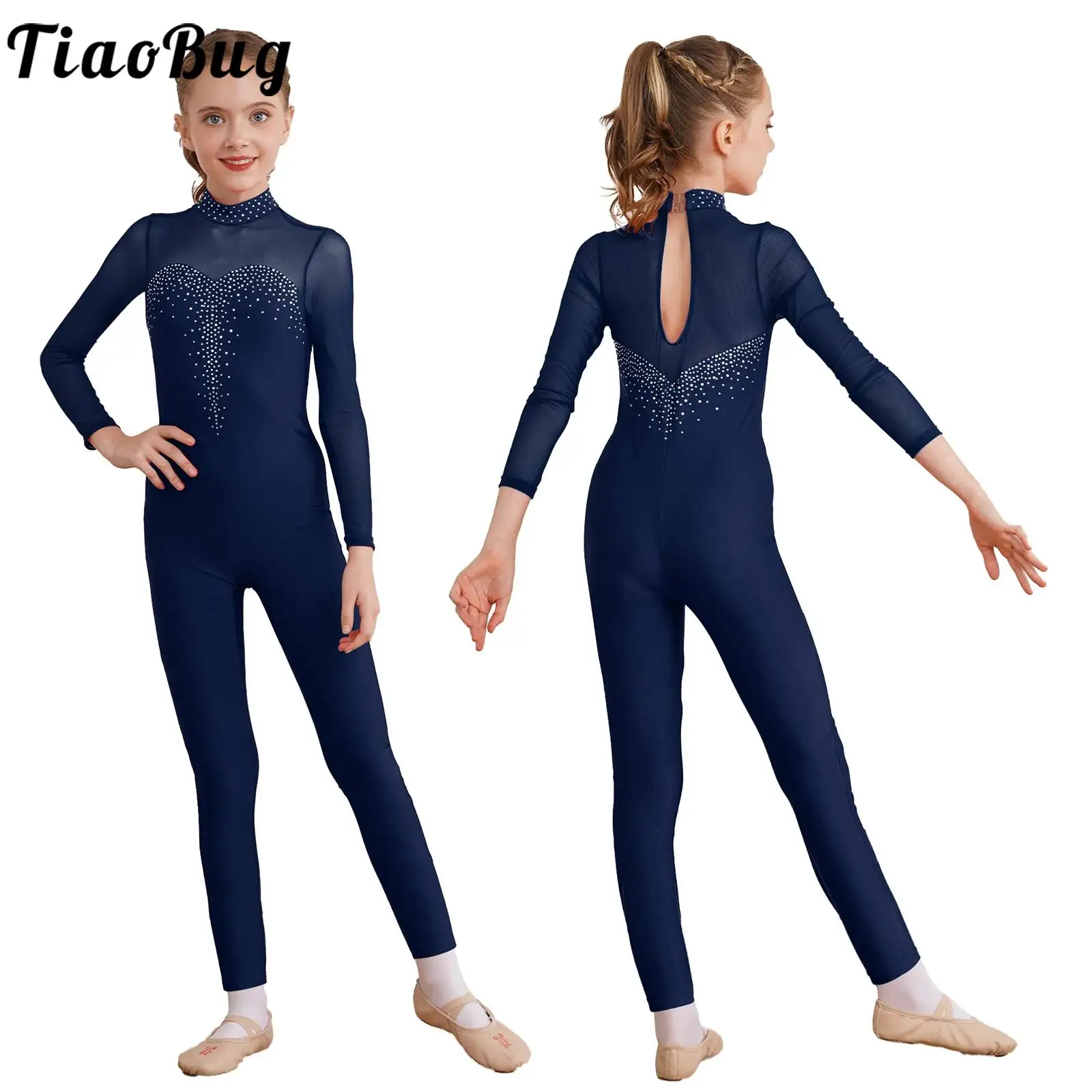 

Kids Girls Figure Skating Jumpsuit Ballet Dance Gymnastics Leotards Long Sleeve Shiny Rhinestone Sheer Mesh Performance Bodysuit