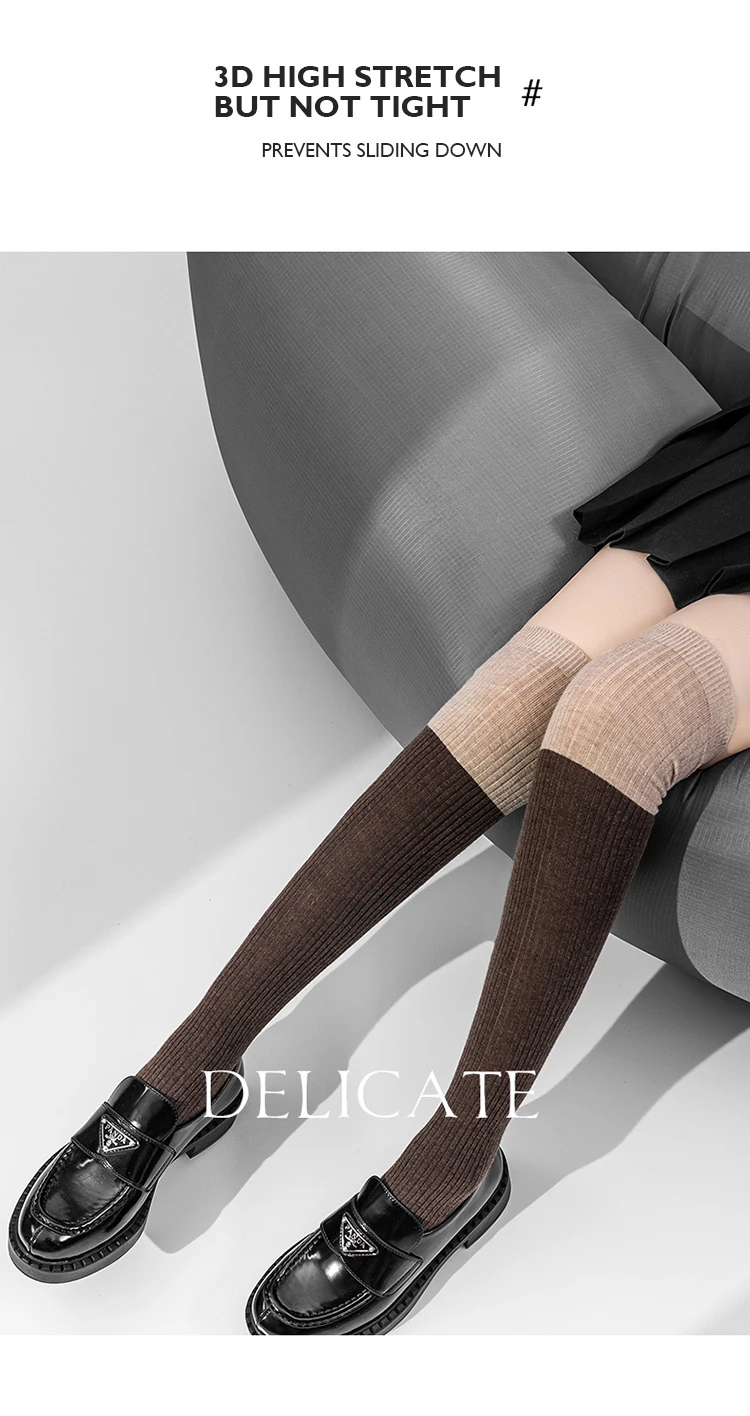 2-farbige Woll-Kniestrümpfe für Damen, gestrickte lange Socken, farblich abgestimmte gerippte warme Wintersocken, 1 Paar, weich, für den Urlaub – Detail 5