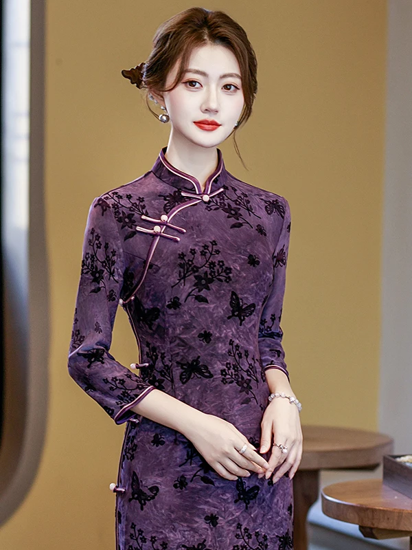 

New Chinese Sle High End Revised Autumn Wear Old anghai Purple Dr Vintage Daily Wear Skirt Floral Pattern