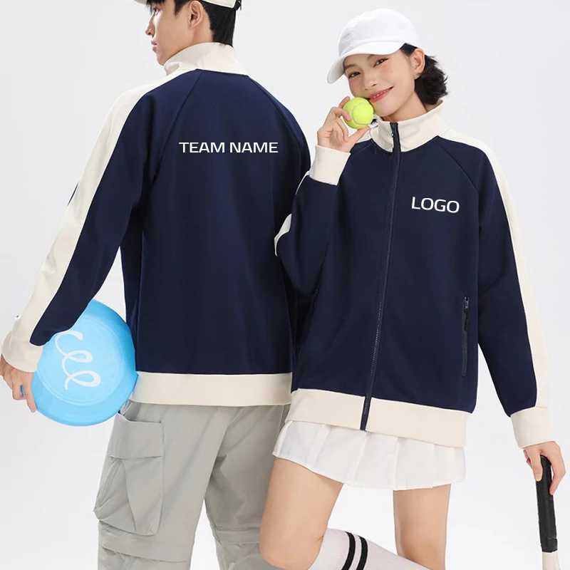 Giacca con cerniera a maniche lunghe, felpa calda color block, giacca da baseball casual, abbigliamento da esterno, logo personalizzabile