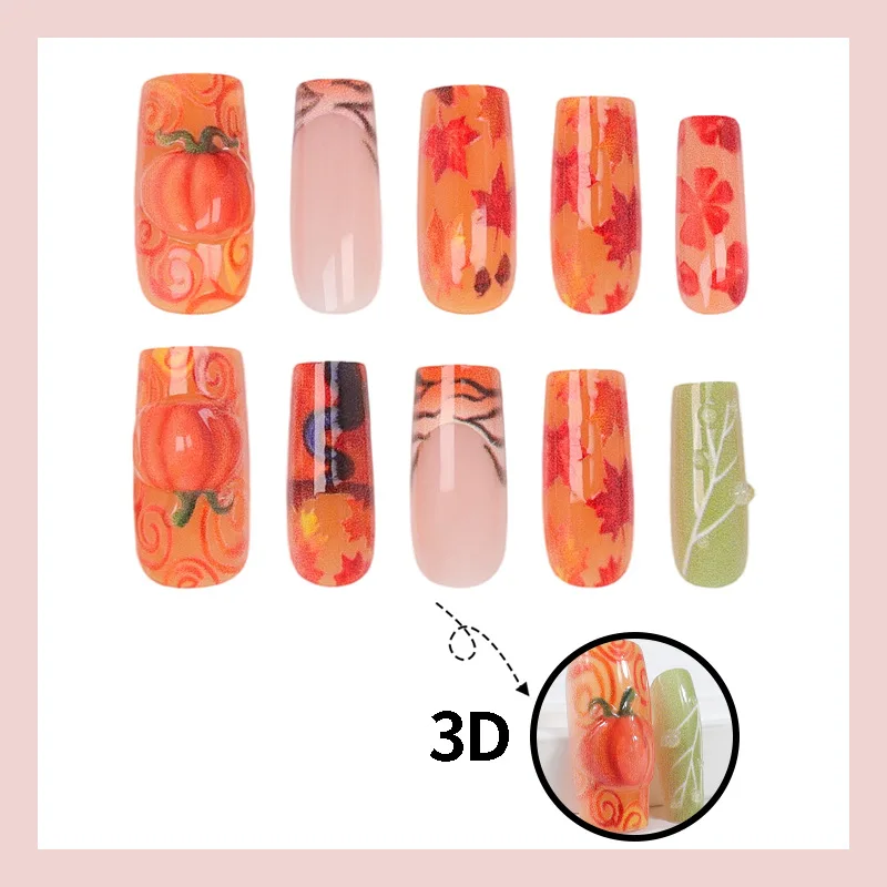 24 Stück Damen- und Mädchen-Maniküre für Halloween, Französischer Stil, Quadratische Künstliche Nägel mit 3D-Kürbis- und Ahornblättermuster, Aufklebenägel – Detail 4