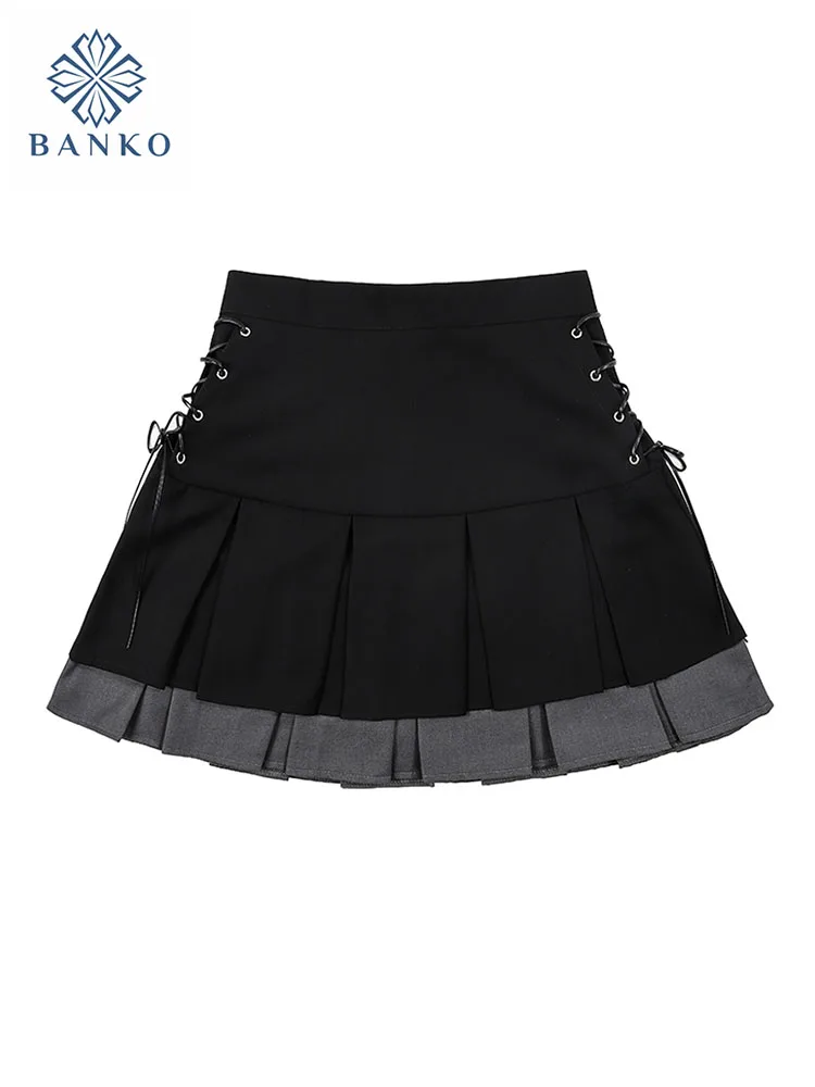 

High Quality Lace Up A-Line Skirt E-girl Patchwork Vintage Classical Grunge Cozy Pleated Skirt Black Gothic 2000s Aesthetic Kpop