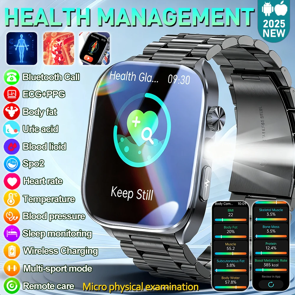 

2025 New Body Fat Analysis Health Smart Watch ECG+PPG Uric Acid Blood Pressure Blood Oxygen Clock Call Smart Watch For Men Women