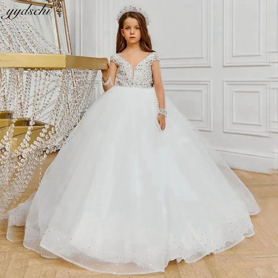 

Customized Luxury White Glitter Crystals Beading Flower Girl Dresses For Wedding 2024 Illusion Ball Gown First Communion Gowns