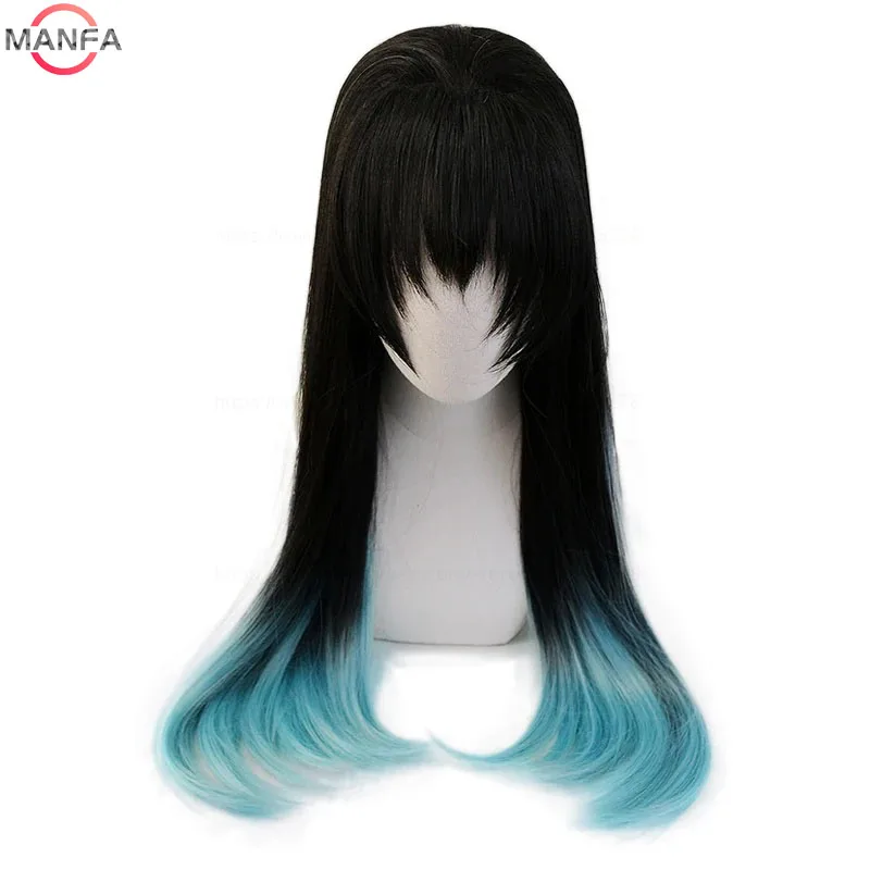 Peluca de Cosplay Tokitou Muichirou de alta calidad, tinte teñido, gradiente cian negro, pelo sintético resistente al calor, pelucas de juego de rol de Anime