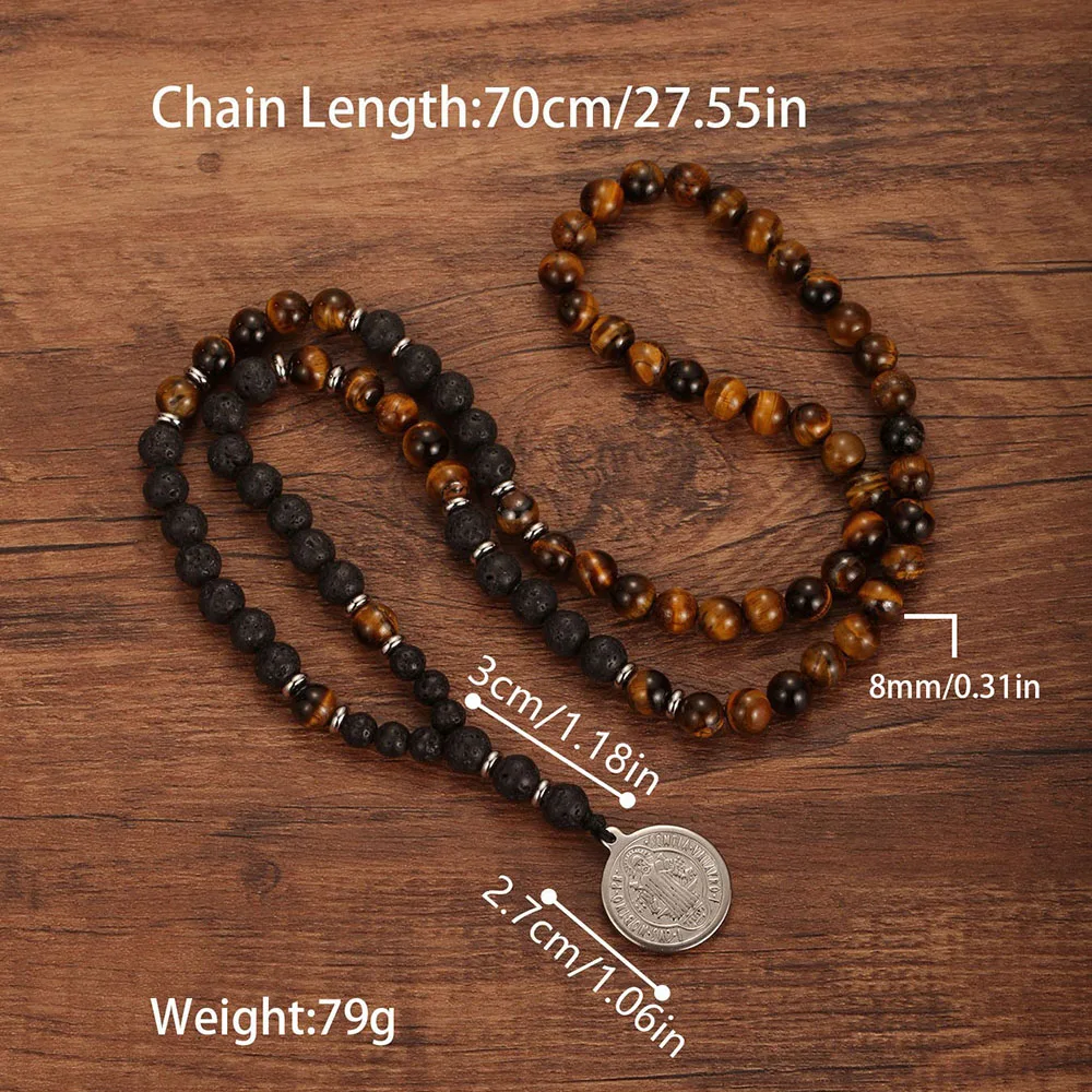 1 قطعة حجر عين النمر الطبيعي الصليب سانت بنديكت قلادة للرجال الحمم الحجر مطرز ميدالية سان بينيتو قلادة رجل مجوهرات