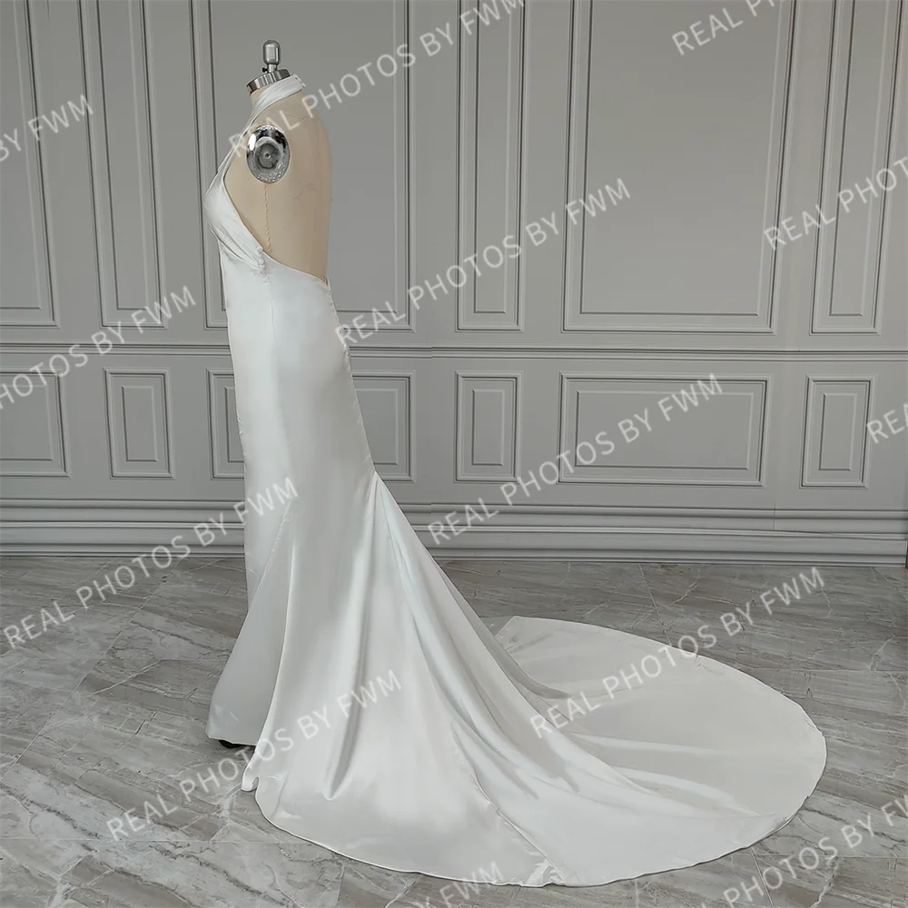 19029 #   Personalizado halter pescoço sereia vestido de casamento de cetim macio trem varredura sem costas vestido de noiva para mulher novia