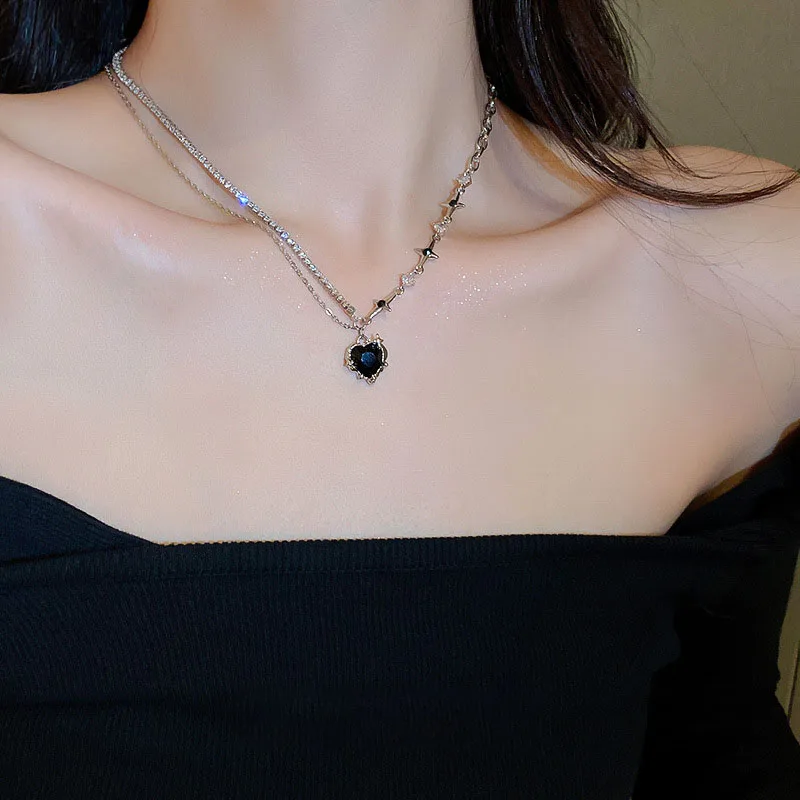 Korean Fashion Purple Crystal Heart Pendant Necklace For Women Black Crystal Girl Cool Clavicle Chain Y2k Aesthetic Jewelry Part