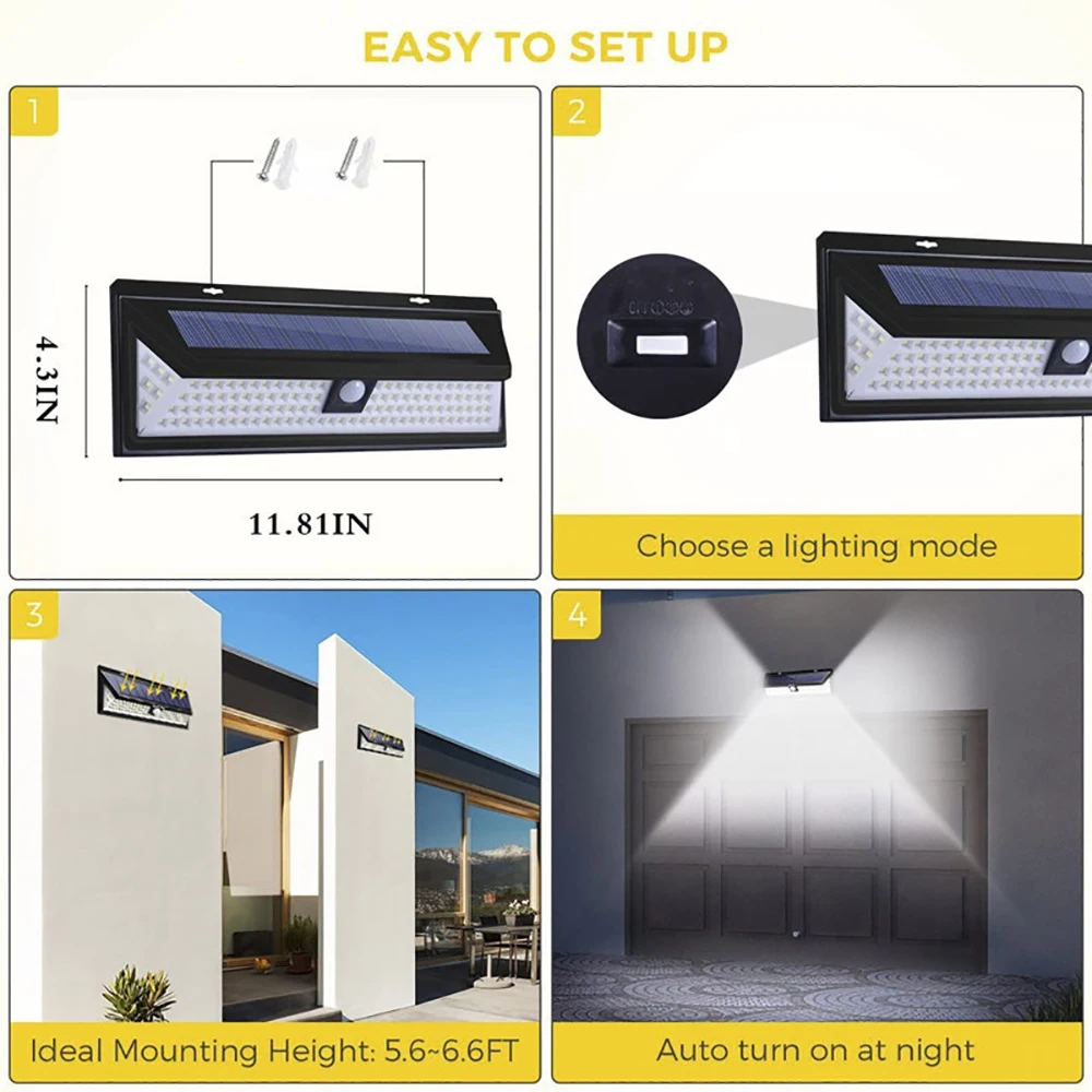 Outdoor LED Solar Sensor Light, Luz de parede, Luz forte, Decoração do jardim, 118 luzes, 4400mAh