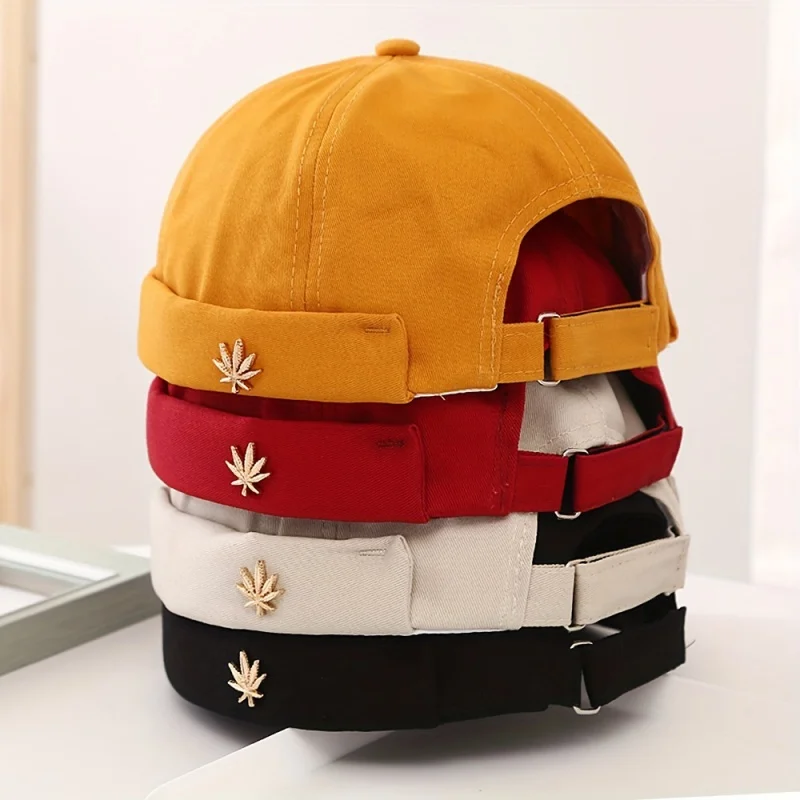 

Trendy cotton skullcap sailor hat embroidered leaf rivet warm rolled cuff adjustable casual cap