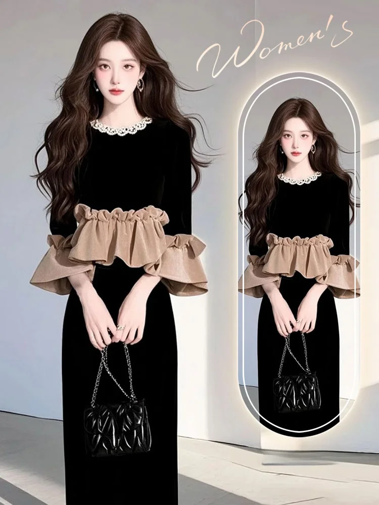 

Spring 2025 plus Size Fashion Set Black Top High Waist Skirt Elegant Commute Korean Style Long Sleeve round Neck A-Line Dress